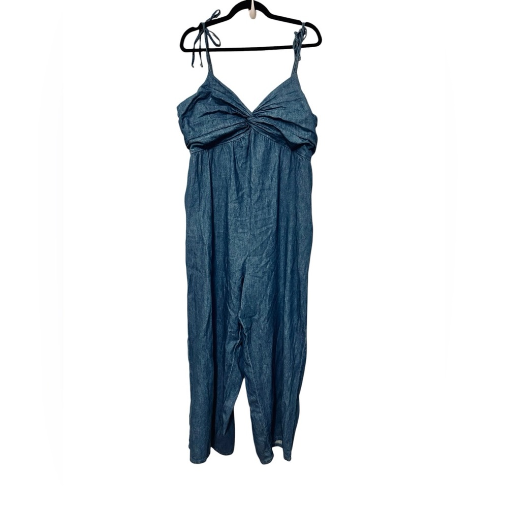 Chambray Jumpsuit XL Tie Strap Wide Leg Denim Romper